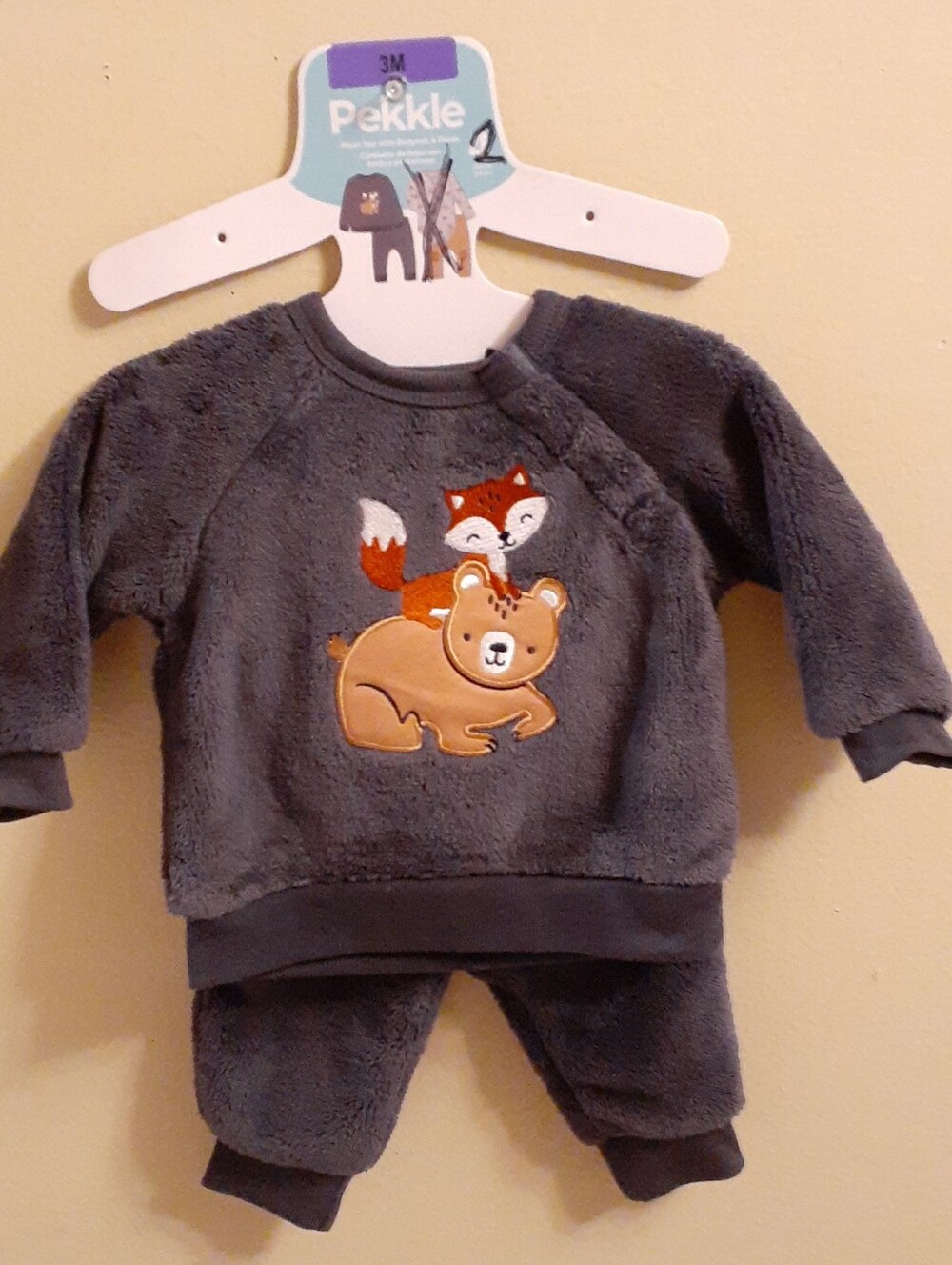 Pekkle Cozy Gray Kids Matching Set with Fox & Bear Applique